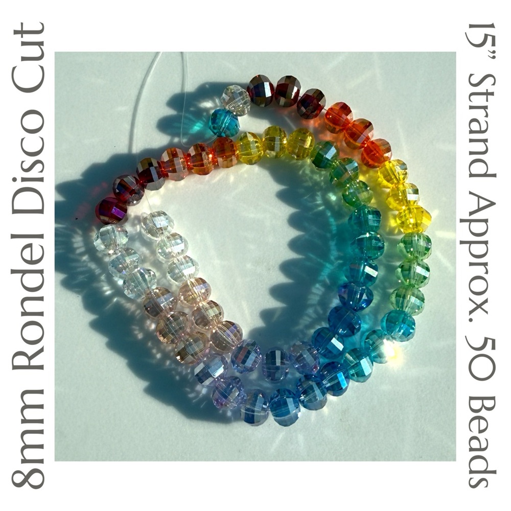 Glass‎ Rainbow Disco Cut Faceted 8mm Rondel Beads Strand - 50+ Beads